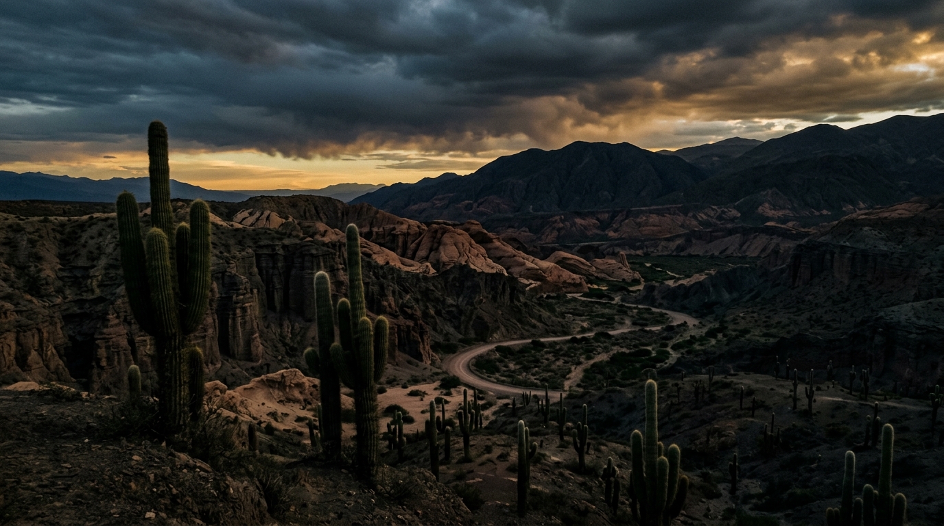 Quebrada de Cafayate al atardecer, con cardones sobre la ladera